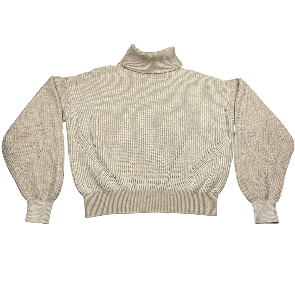 DKNY Chunky Ribbed Knit Turtleneck Sweater Beige Oatmeal Cotton Womens Small
